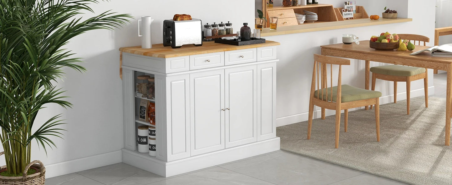 Kitchen island with 2 drawers, 5 adjustable shelves and spice rack