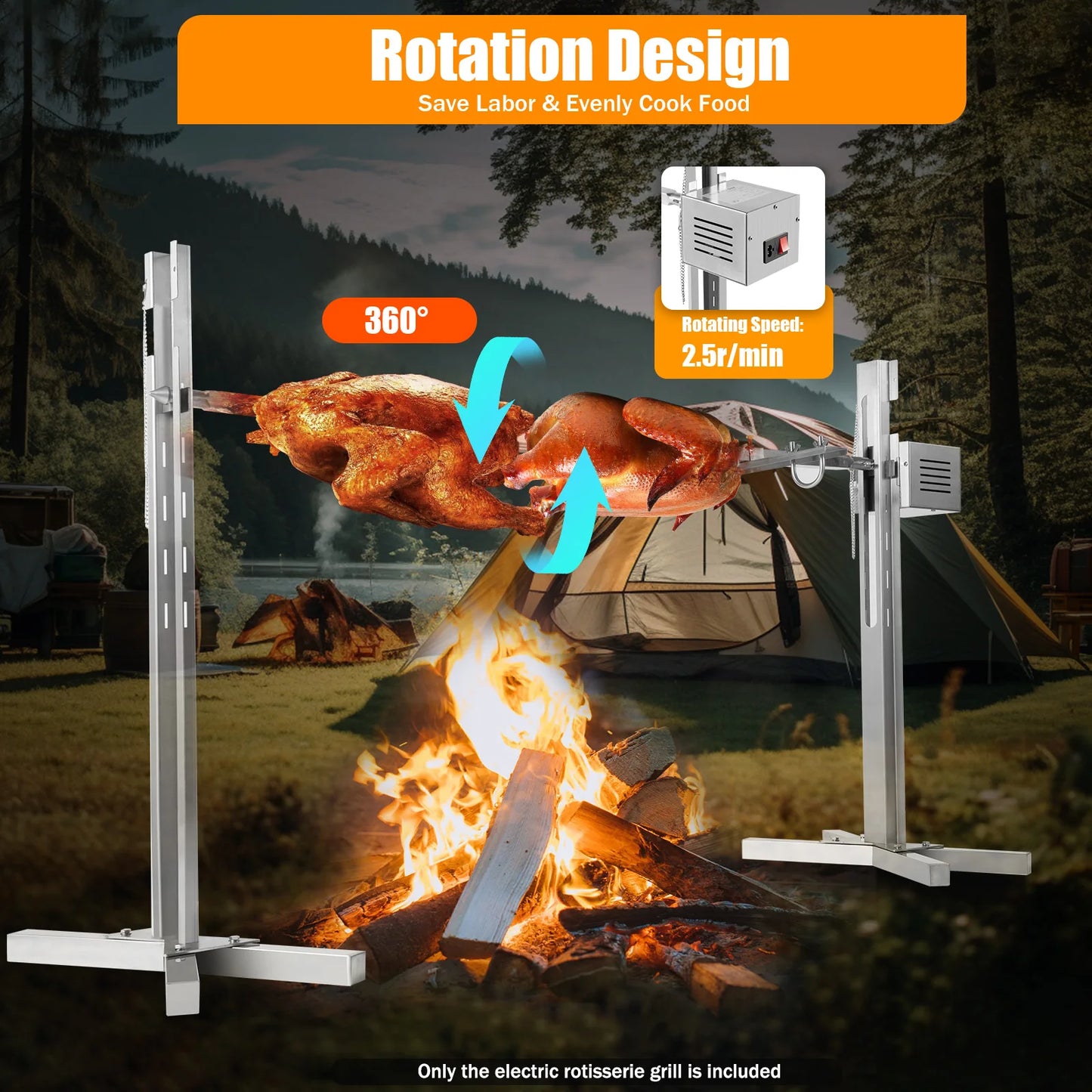 53" Electric BBQ Rotisserie Grill Kit, for Roasting Pig Lamb