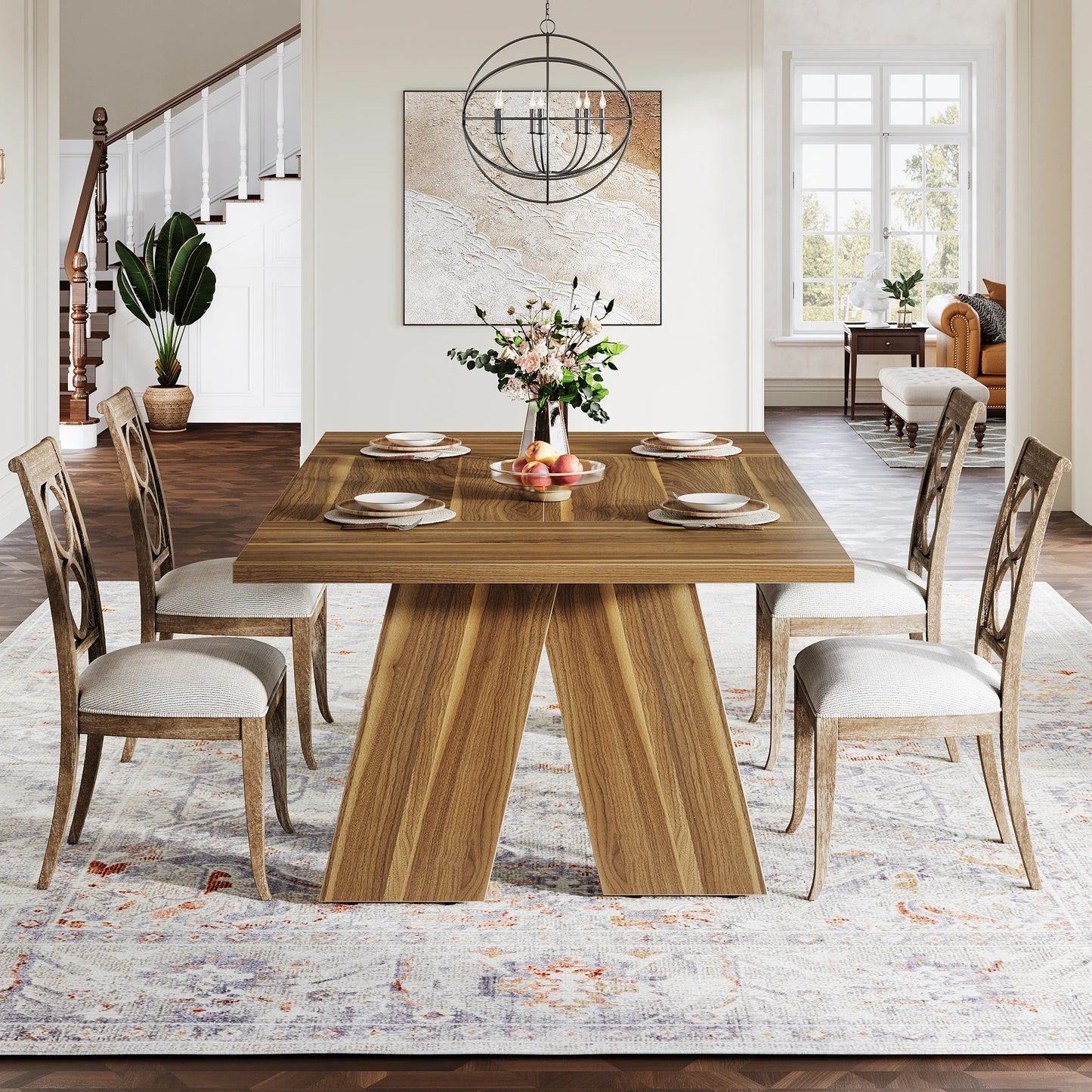 71" Large Dining Table Rectangular Dining Table with Solid Wood Legs
