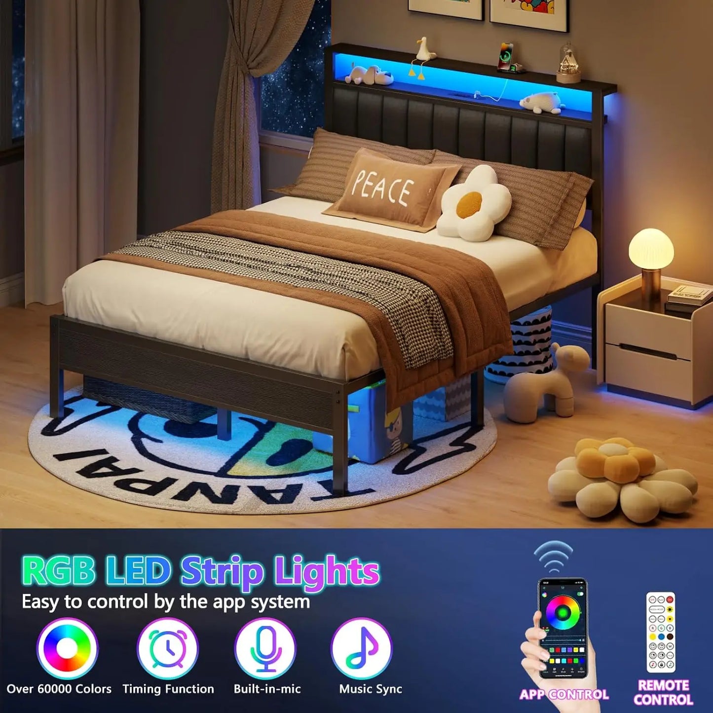 Queen Size Bed Frame with Charging Station with Metal Slats