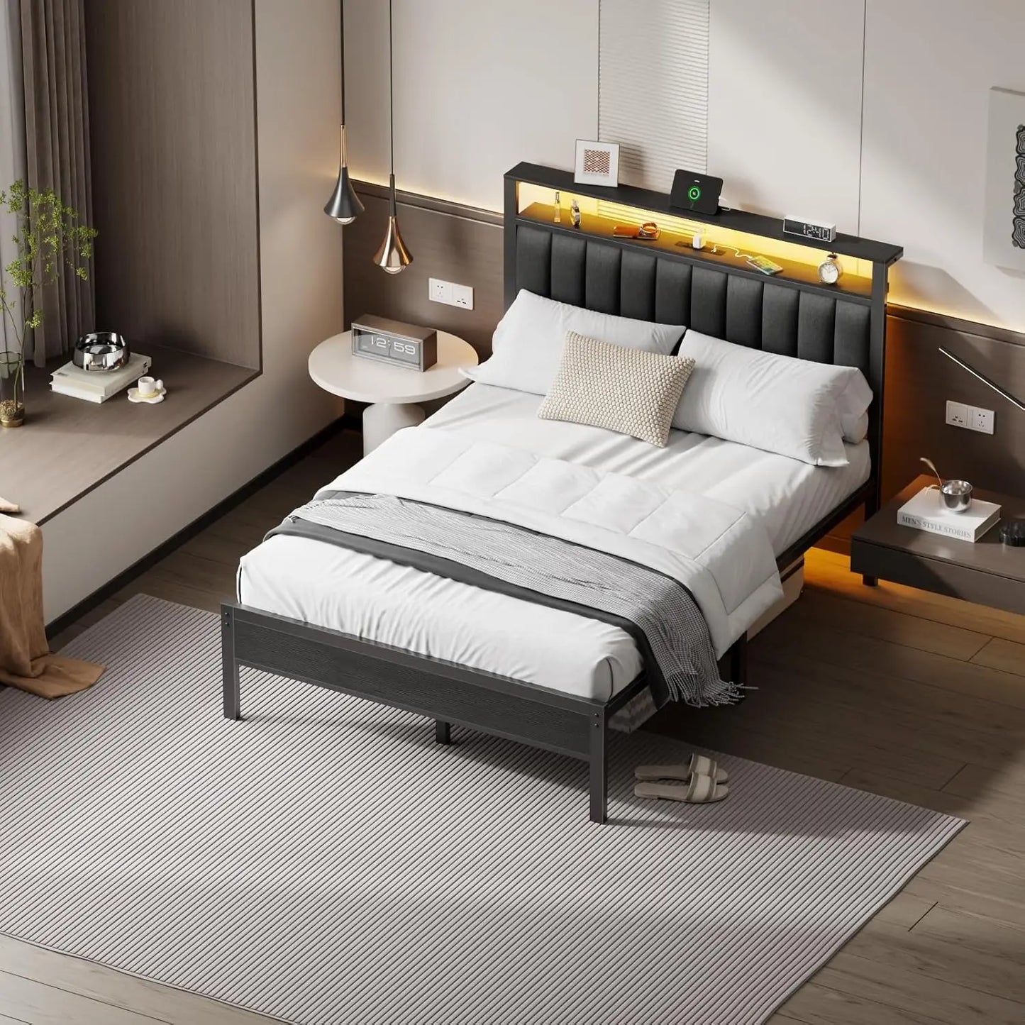 Queen Size Bed Frame with Charging Station with Metal Slats