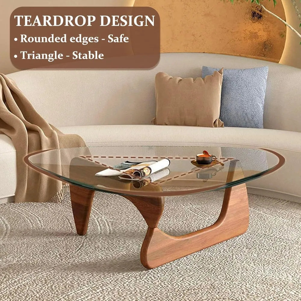 Triangle Glass Coffee Table with Wooden Base for Study Room Office Hotel