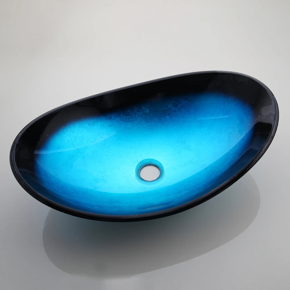 Tempered Glass Washbasin Vessel Sink with Black Waterfall Faucet