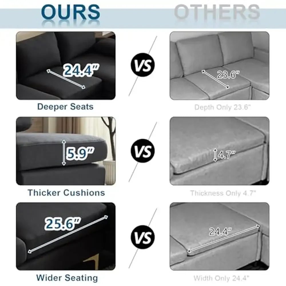110" Black U-Shaped Sectional Sofa with Double Chaise Lounge Seat