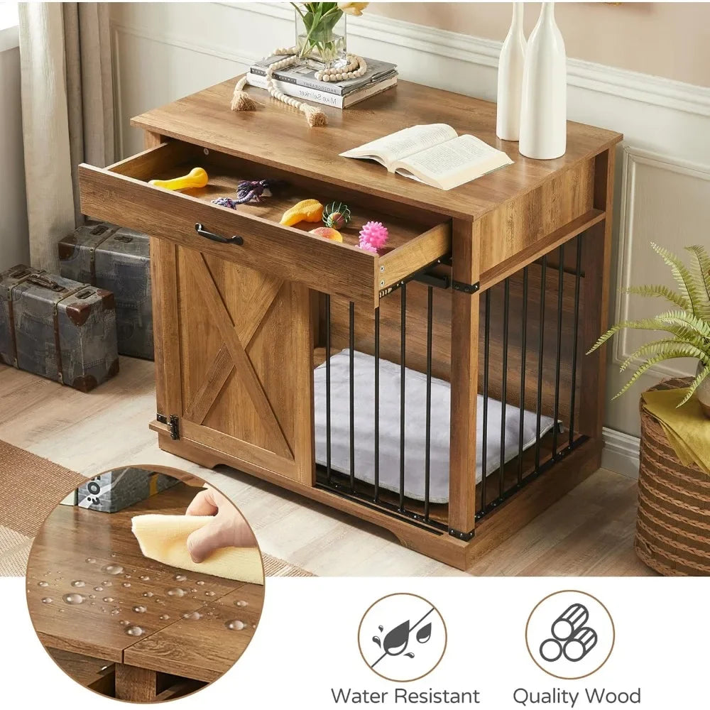Farmhouse Wooden Dog Kennel Furniture with Sliding Barn Door