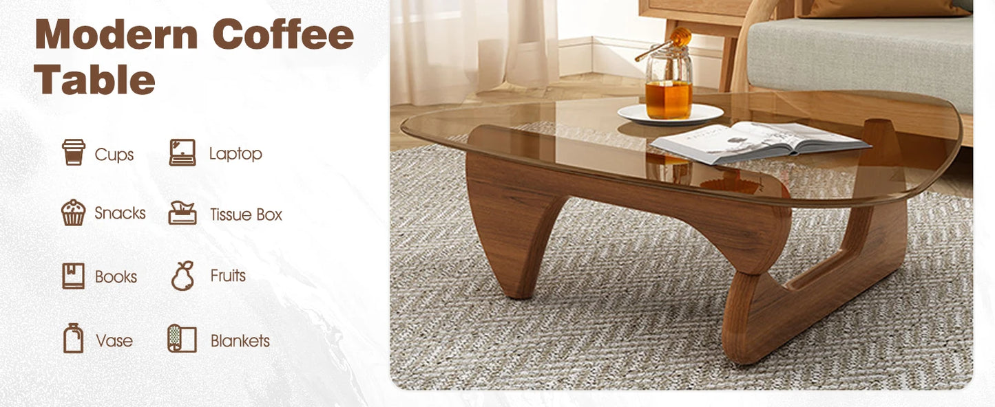 Triangle Glass Coffee Table with Wooden Base for Study Room Office Hotel