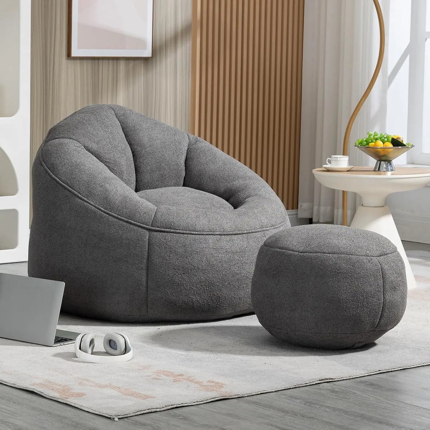 Microfiber Upholstered Shell-Shaped Beanbag Chair with Footstool