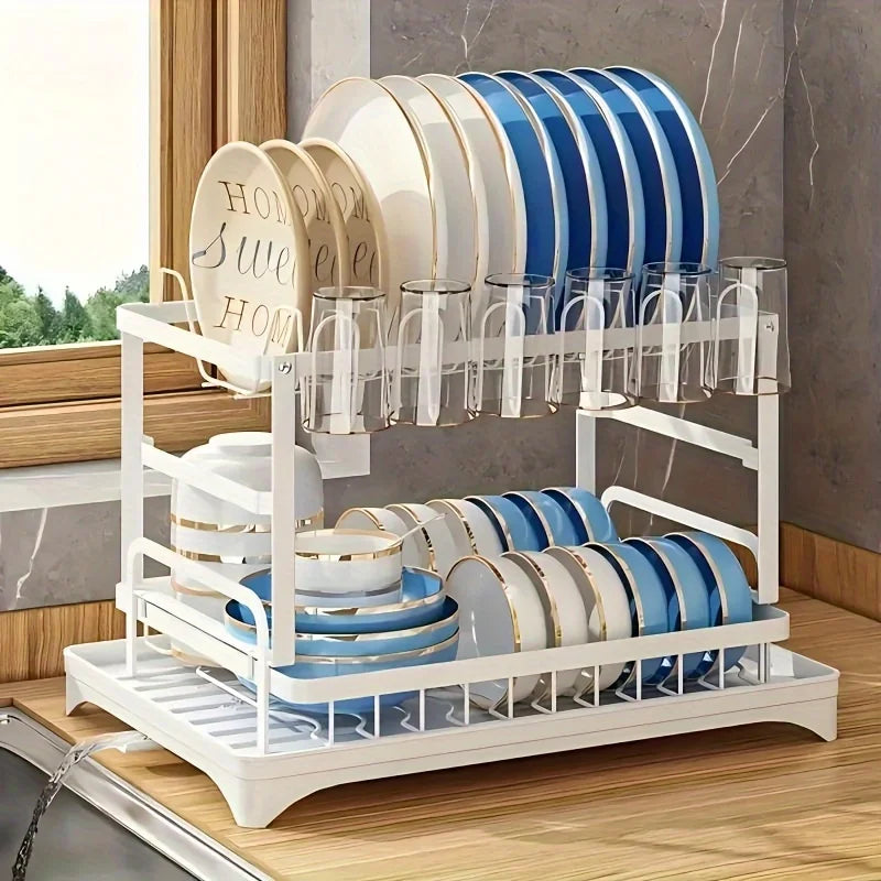 Space-Saving 2-Tier Dish Drying Rack with Utensil Holder