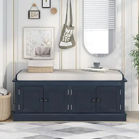 Rustic Storage Bench with 4 Doors and Adjustable Shelves