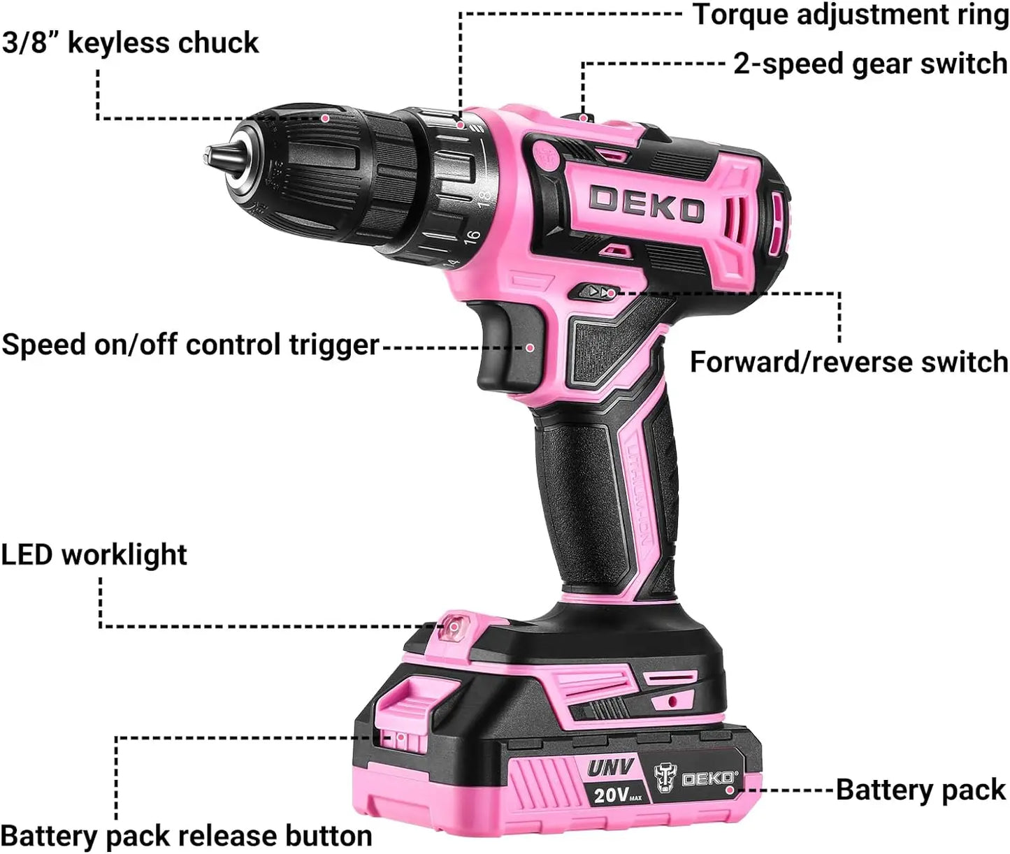 Power Drill Pink Cordless Drill 20V Electric Power Drill Set