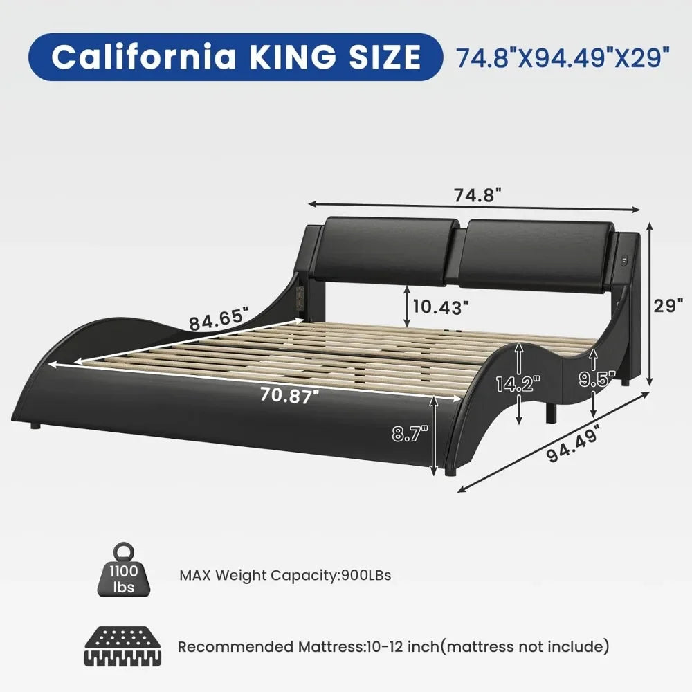 Cali King Platform Bed Frame Headboard Faux Leather Wave