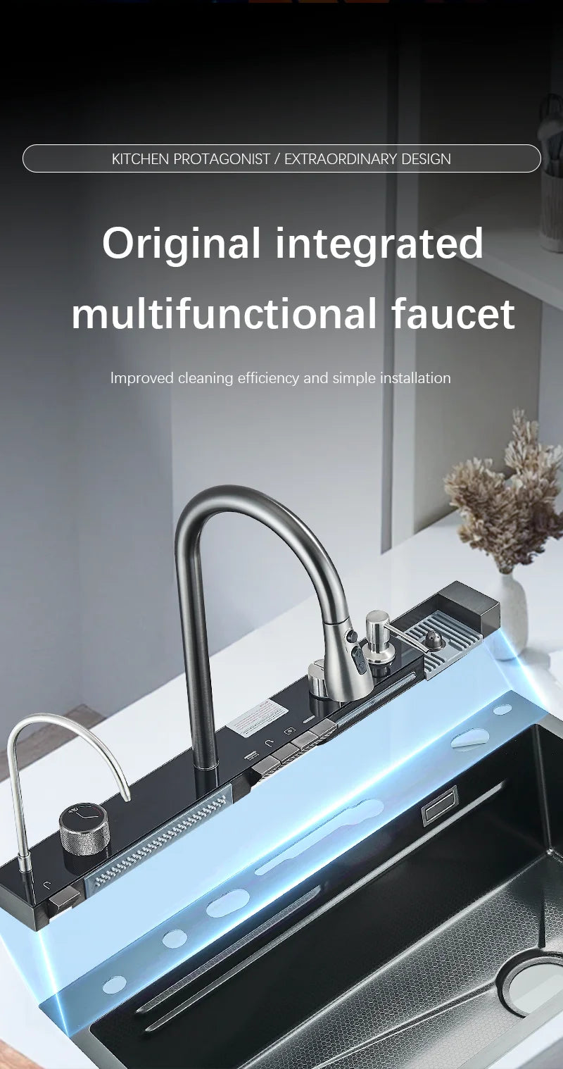 304 Stainless Steel Waterfall Kitchen Sink with Digital Display