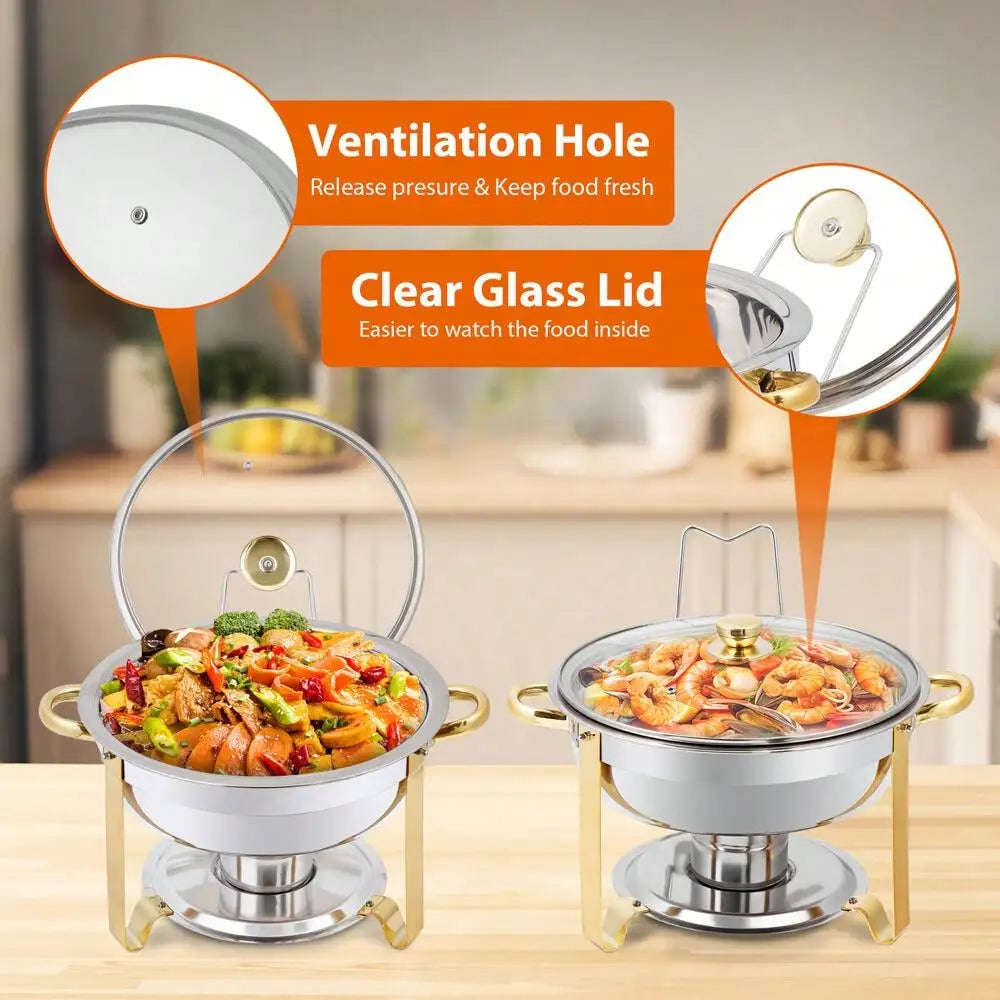 2 Pack 5Qt Stainless Steel Round Chafing Dishes Buffet Set