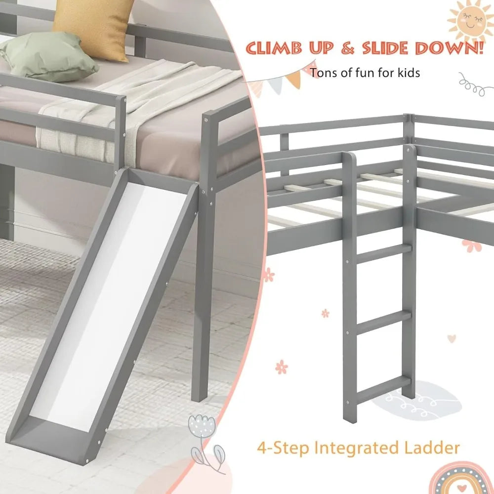 Twin Size Double Loft Bed with Slide and Ladder