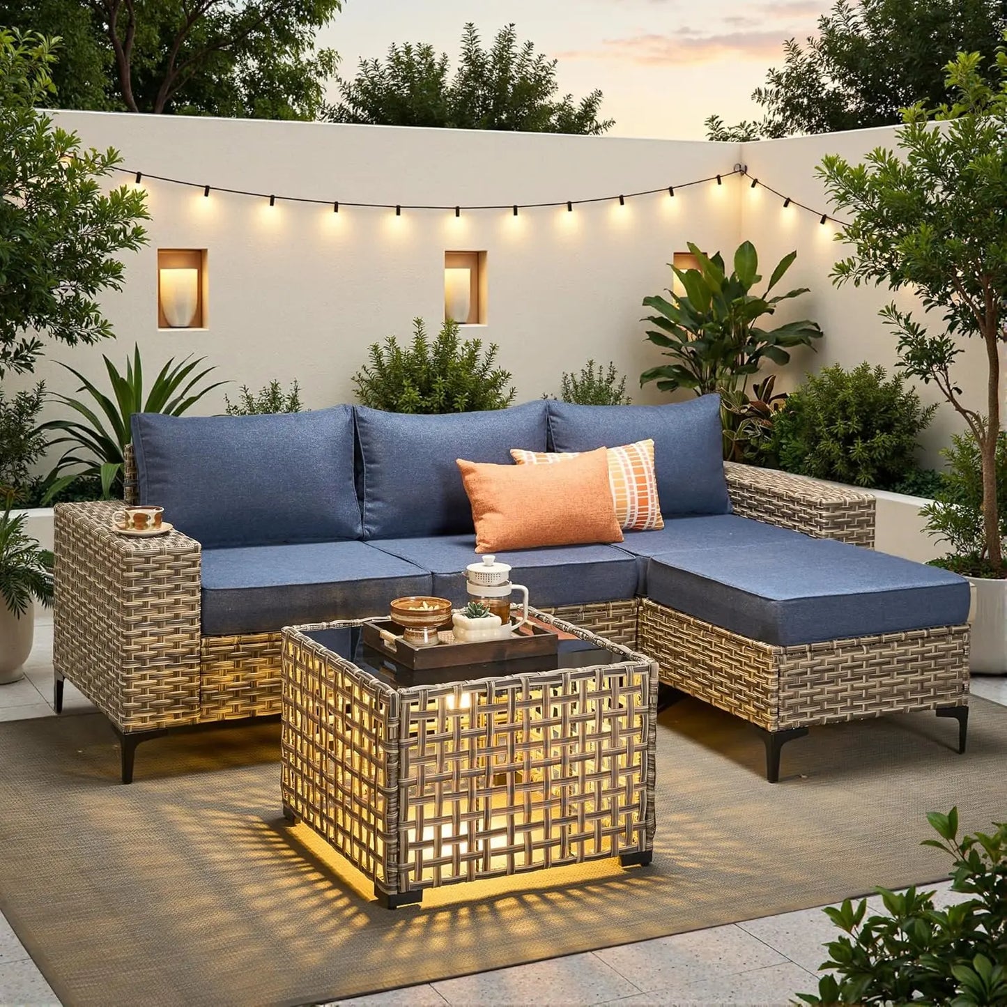 5Pcs Conversation Patio Furniture Set with Solar Lamp