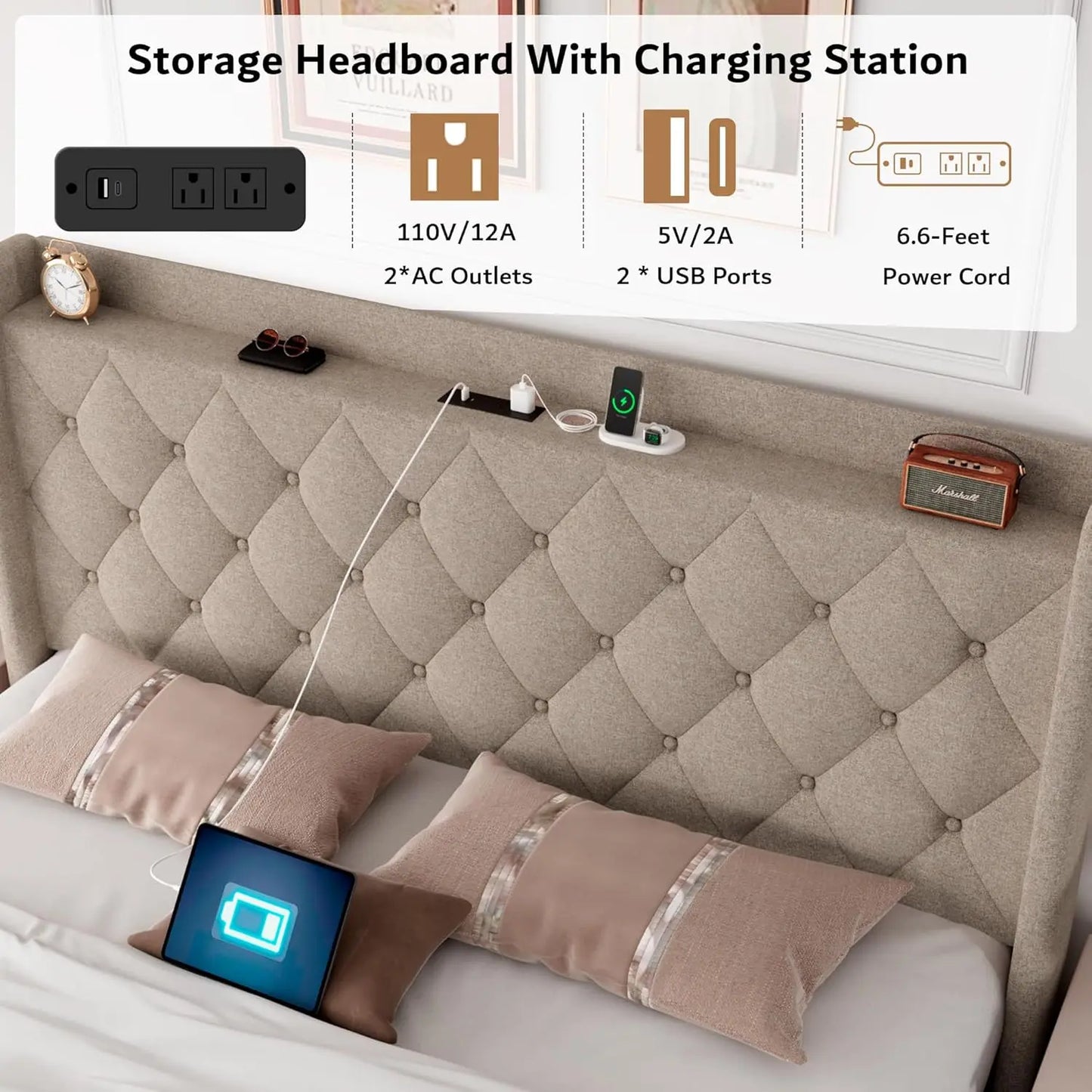 Queen Size Lift Up Storage Bed Frame with Charging Station