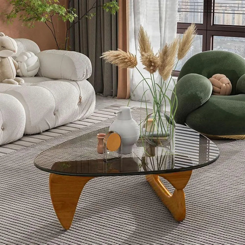 Triangle Glass Coffee Table with Wooden Base for Study Room Office Hotel