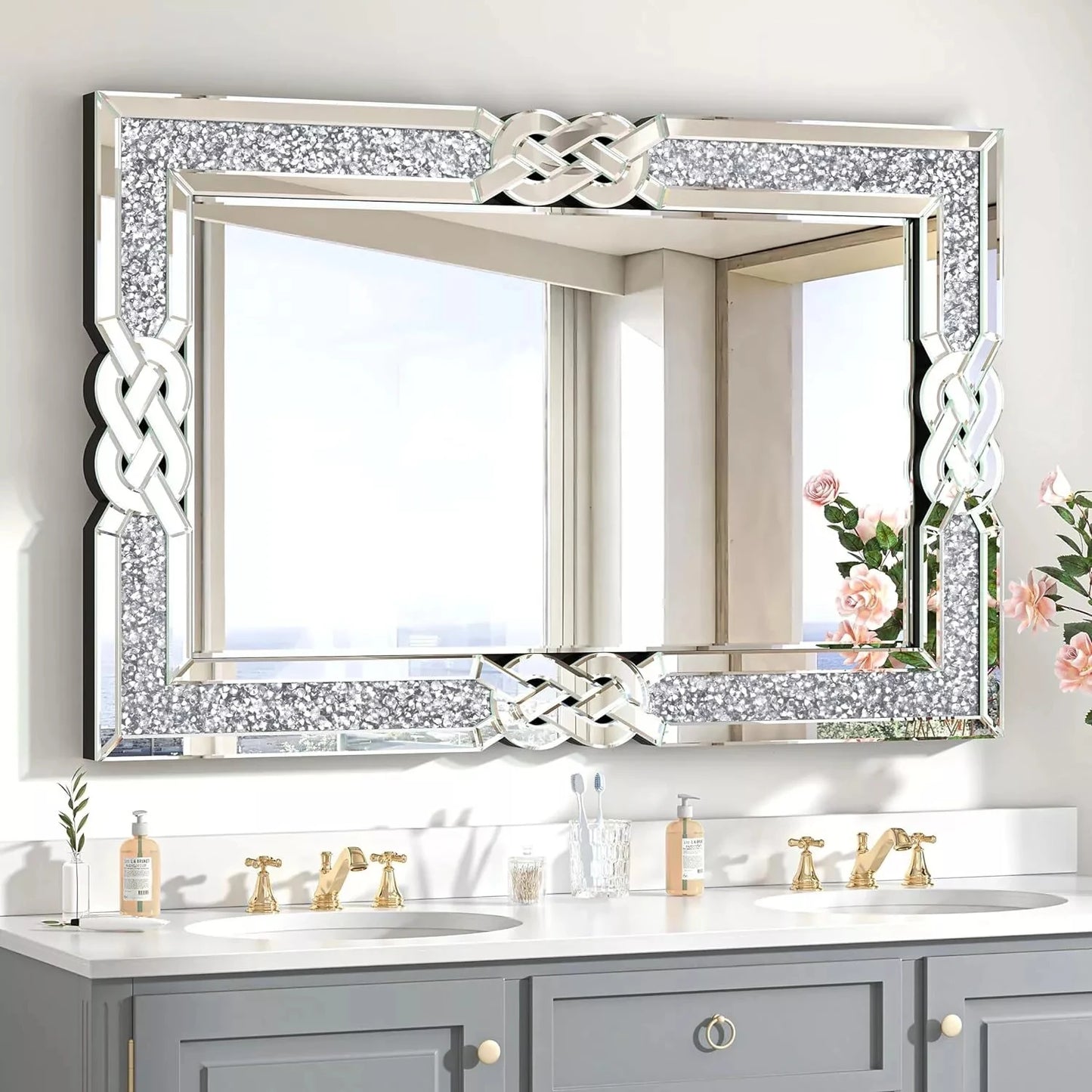 Crushed Diamond Rectangular Glass Vanity with Decorative Glam