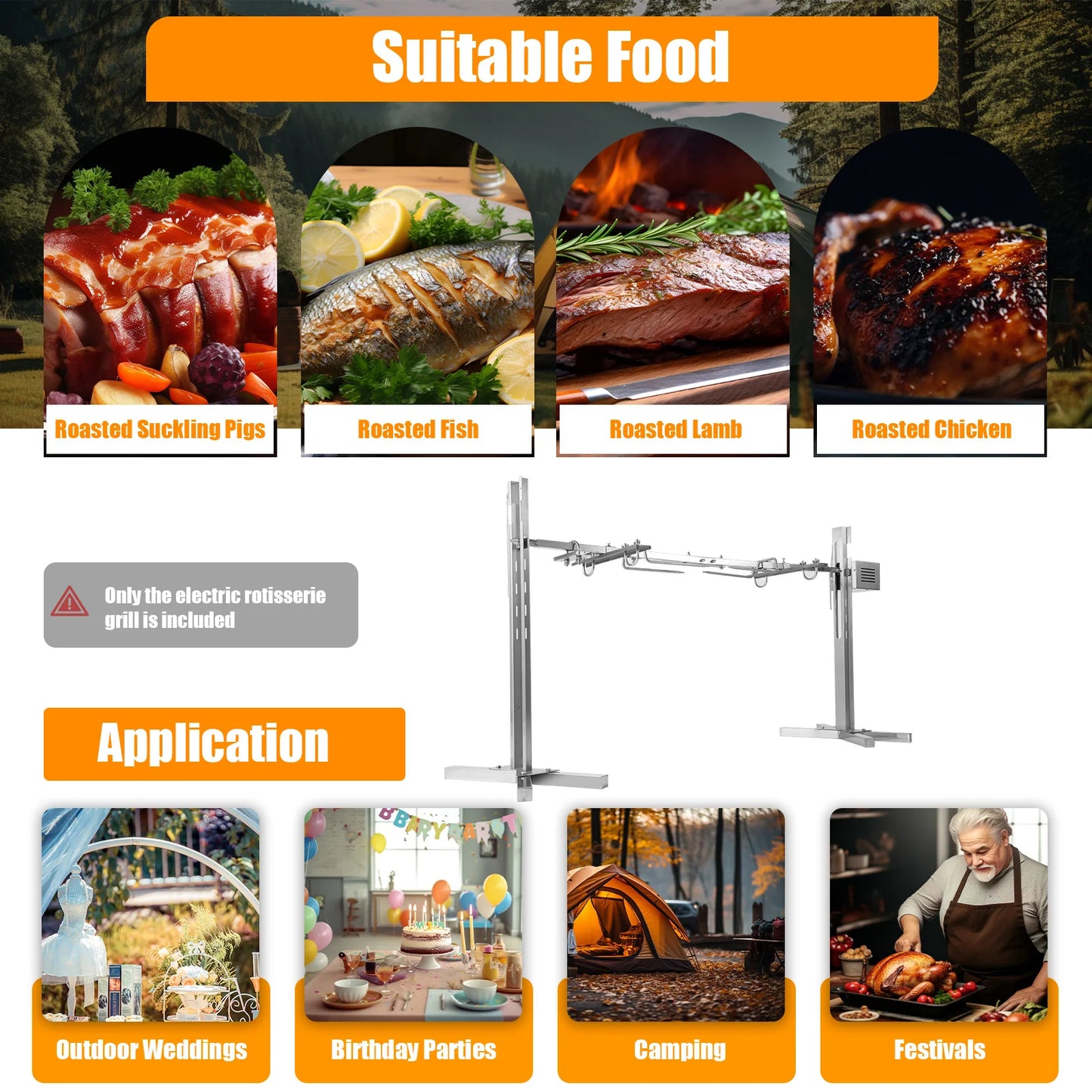53" Electric BBQ Rotisserie Grill Kit, for Roasting Pig Lamb