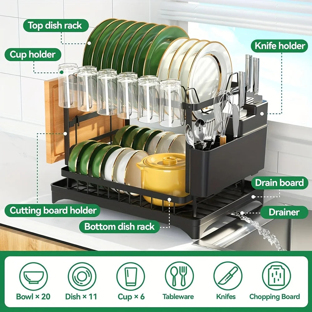 Space-Saving 2-Tier Dish Drying Rack with Utensil Holder