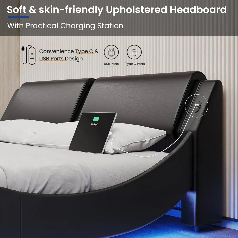 Cali King Platform Bed Frame Headboard Faux Leather Wave