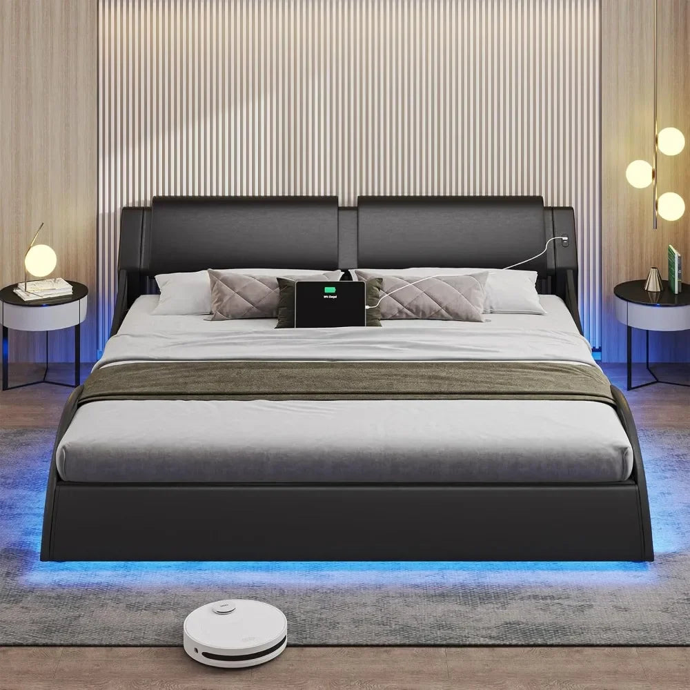 Cali King Platform Bed Frame Headboard Faux Leather Wave