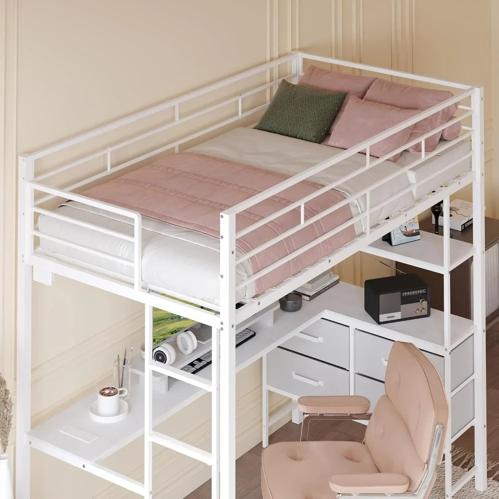 Twin Metal Loft Bed Frame With 15" Safety Guardrail