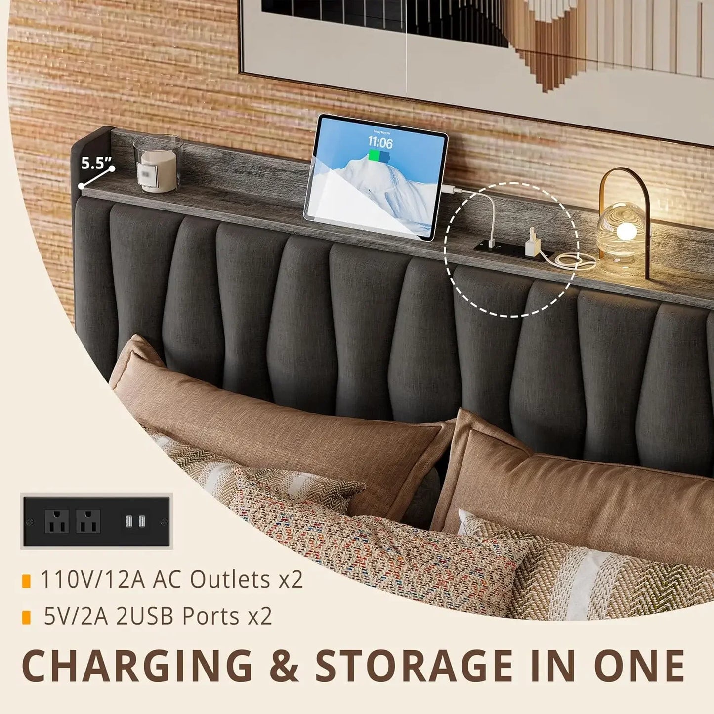 King Size Bed Frame with Storage Headboard and Charging Station