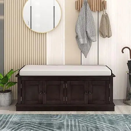 Rustic Storage Bench with 4 Doors and Adjustable Shelves