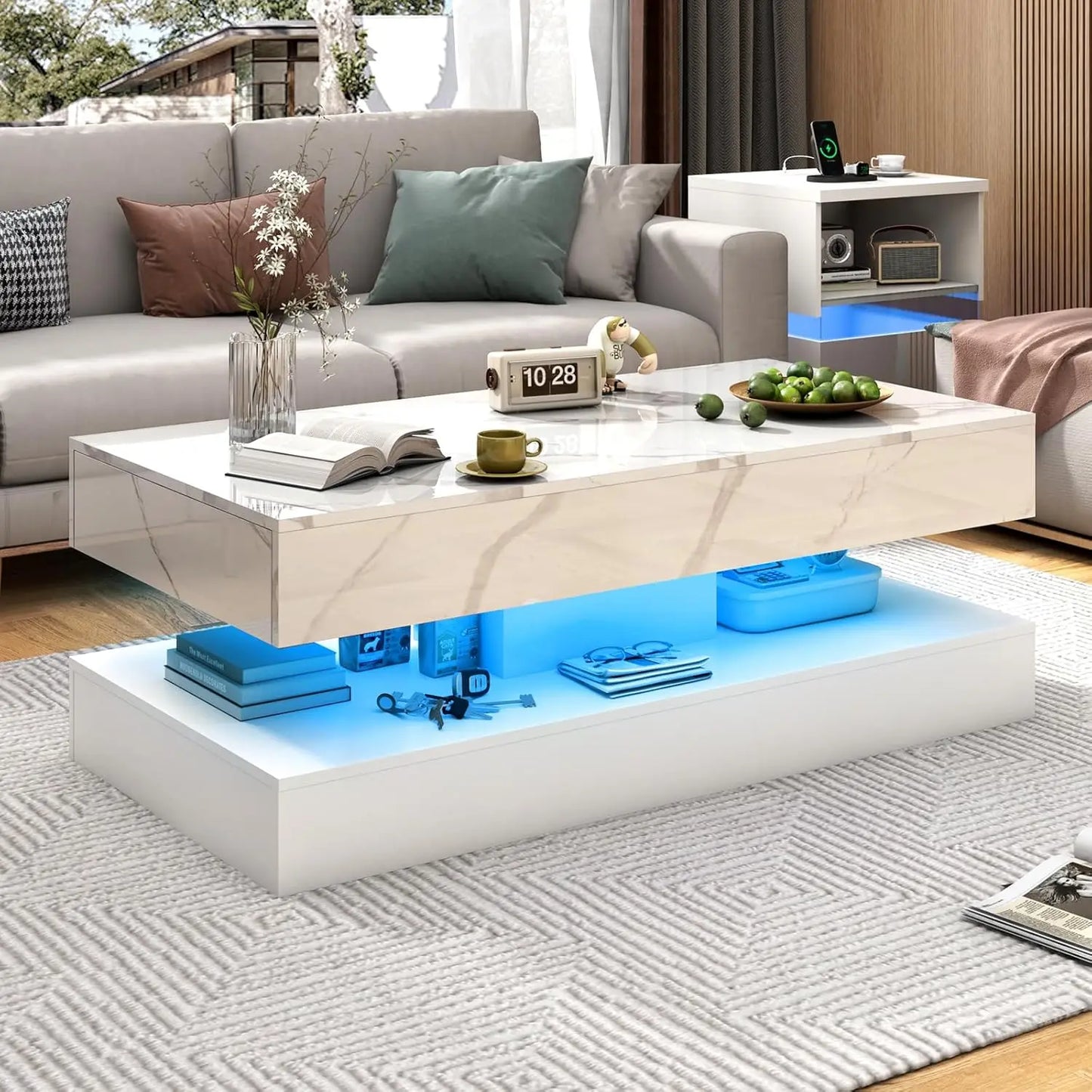 Double-Layer Design for Living Room Coffee Table with 2 Storage Drawers