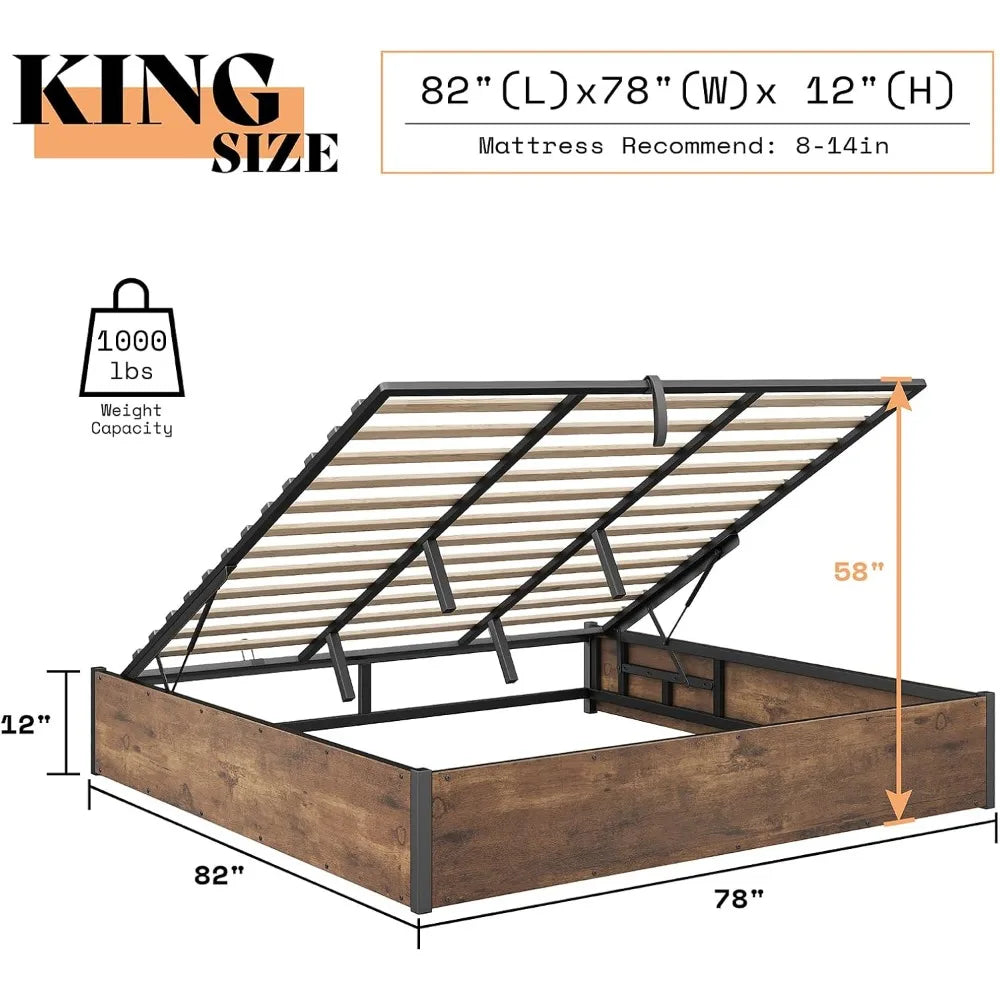 Lift Up Storage Bed, King Bed Frame with Storage