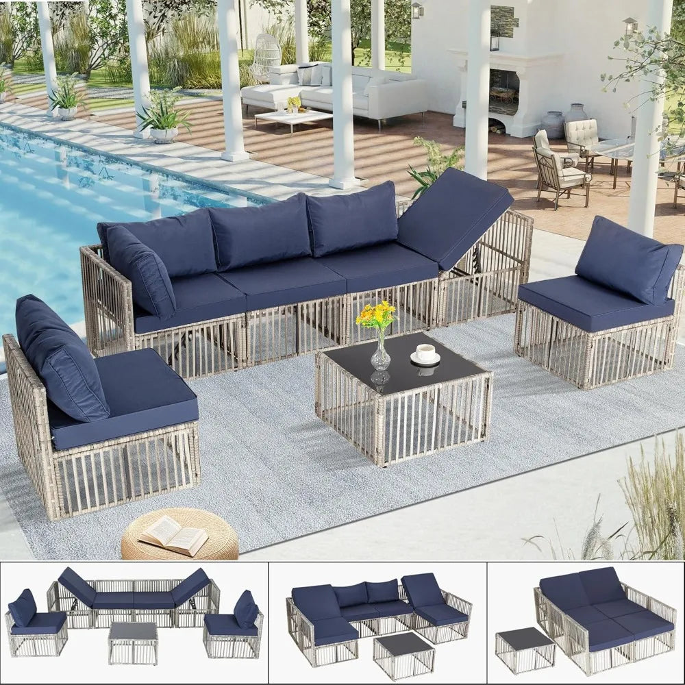 7 Pieces Outdoor Patio Furniture Set with Adjustable Backrest Sofa