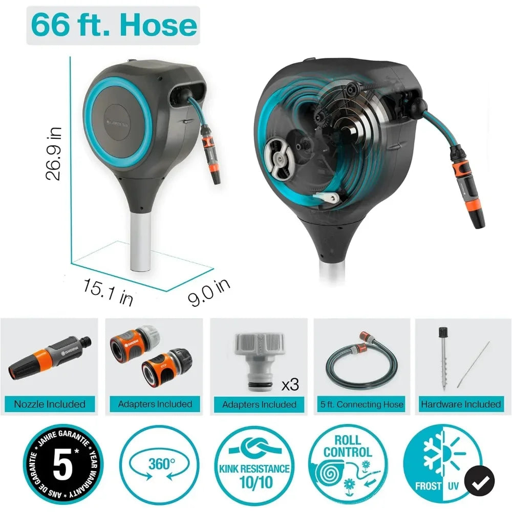 HOT 66' x 1/2" Automatic Retractable Garden Hose Reel on Metal Spike
