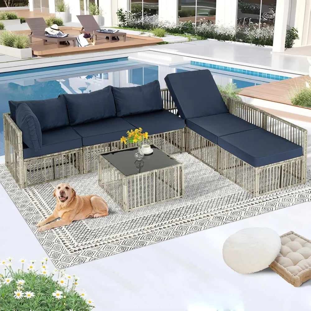 7 Pieces Outdoor Patio Furniture Set with Adjustable Backrest Sofa