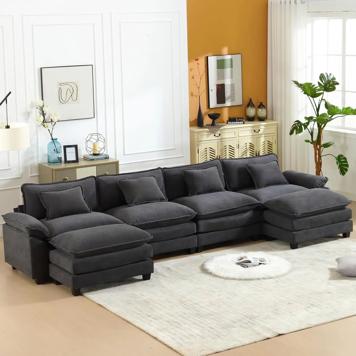 Chenille Sofa Sleeper Deep Seat Sofa with Throw Pillows