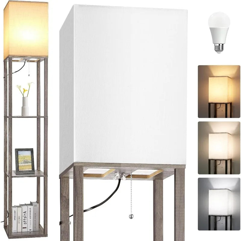 Wood Corner Floor Lamp with Shelves