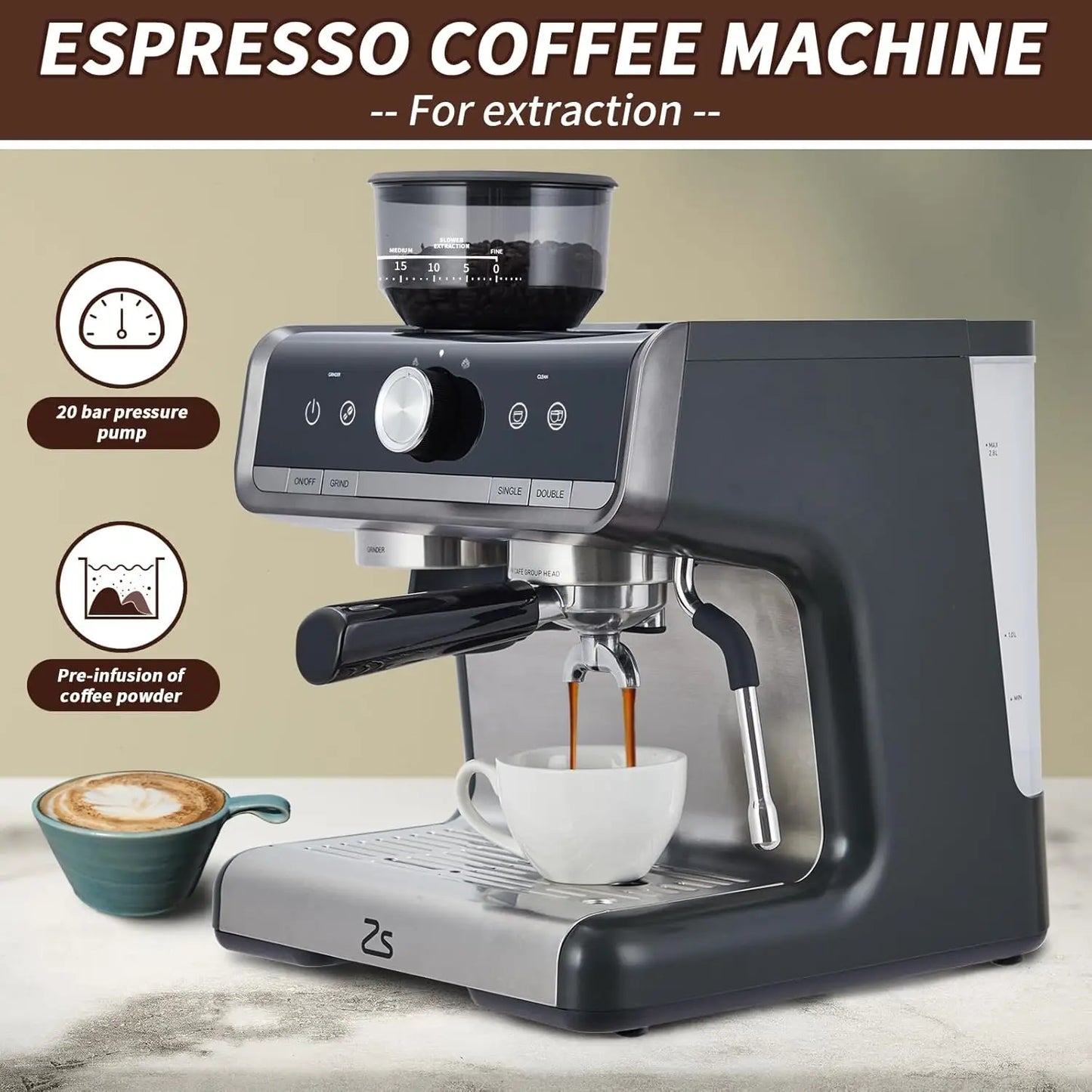Espresso Machine with Grinder with Milk Frothier Steam Wand