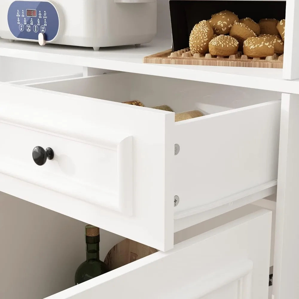 Large Kitchen Pantry Storage Cabinet with Glass Doors & Drawers