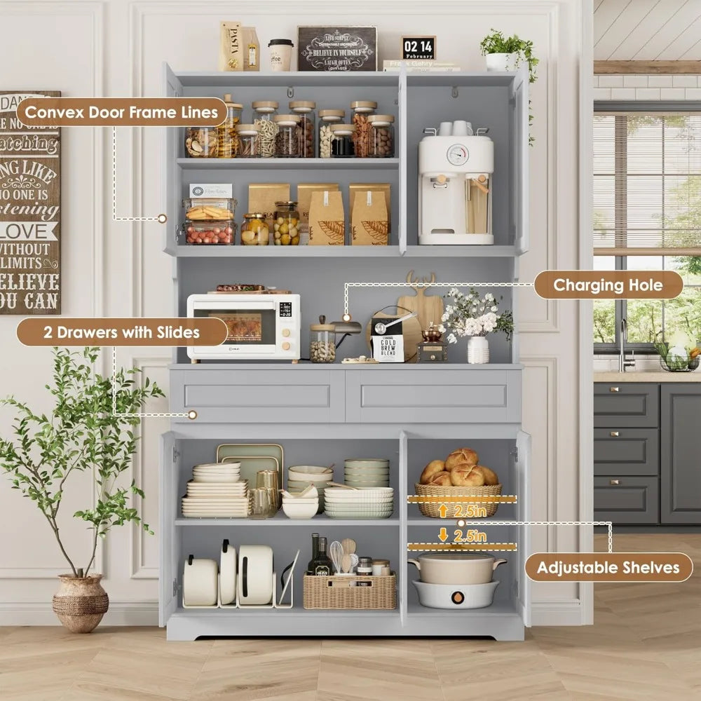 74" Tall Kitchen Pantry Cabinet with 6 Doors and 2 Drawers