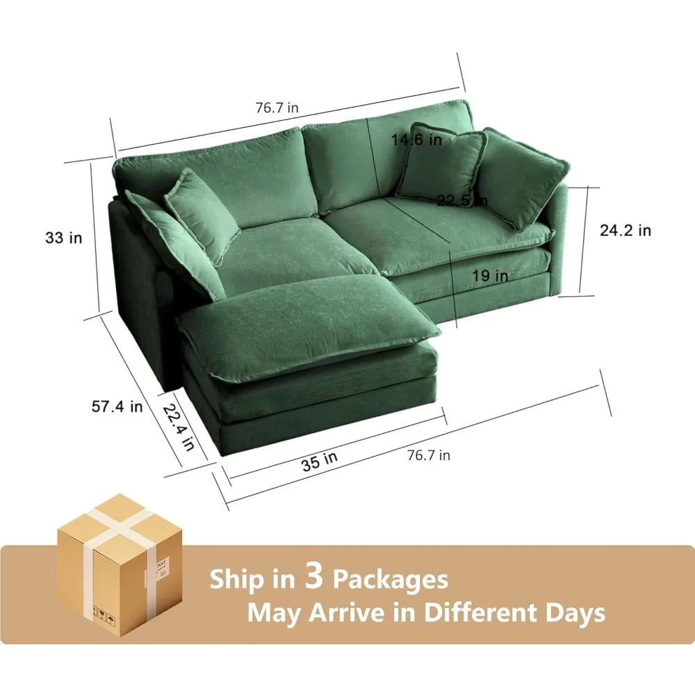 76.7" Convertible Modern L Shaped Sofa Set with Ottoman