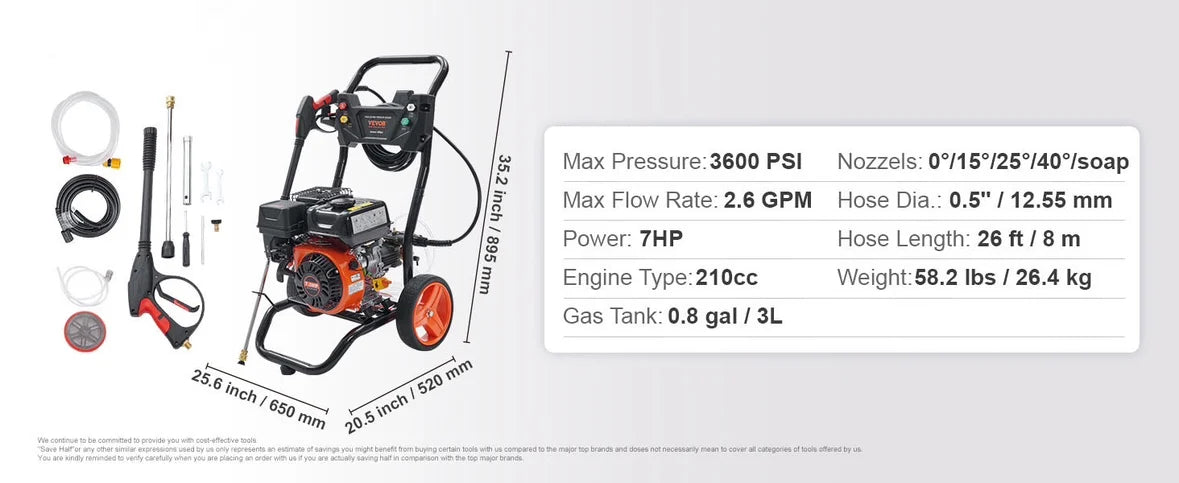 3600 PSI 2.6 GPM Gas Powered Pressure Washer