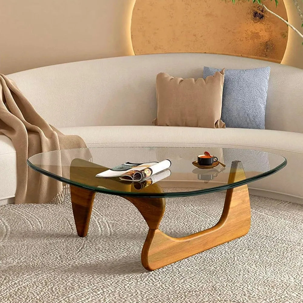 Triangle Glass Coffee Table with Wooden Base for Study Room Office Hotel