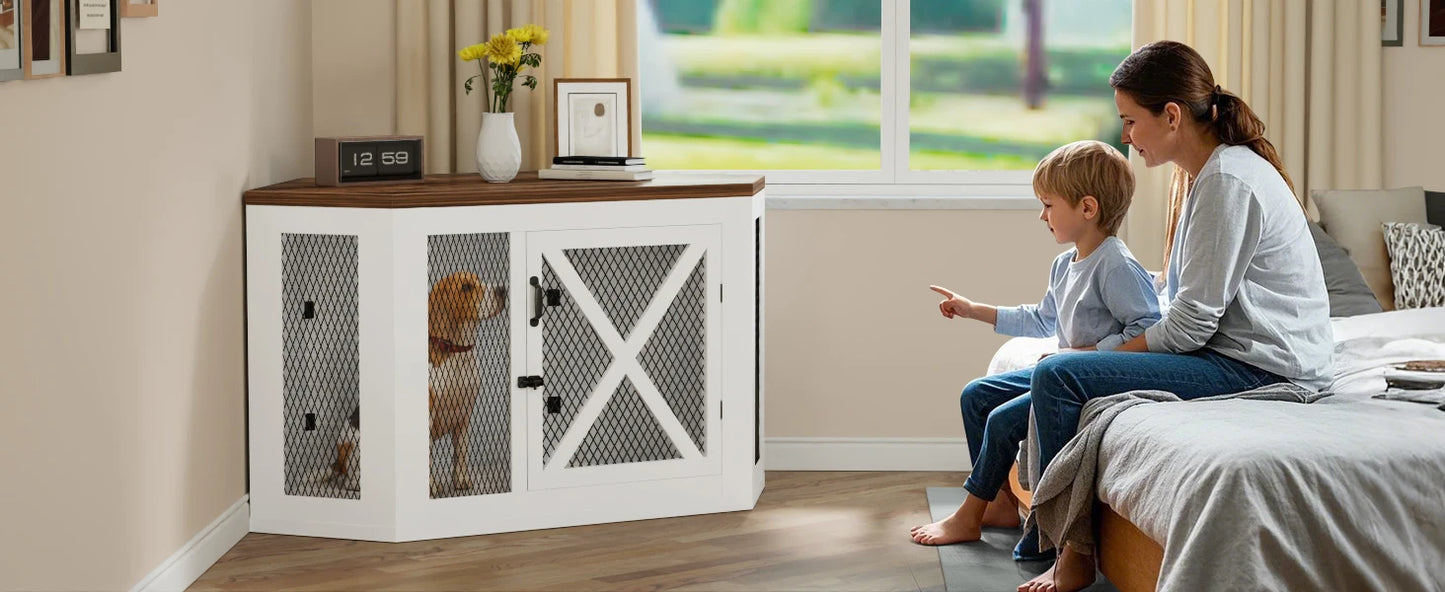 Corner Dog Crate Furniture,Wooden Dog Kennel End Table with Mesh,Cage for Small Medium Large Dog,Decorative Pet Crate Indoor Use