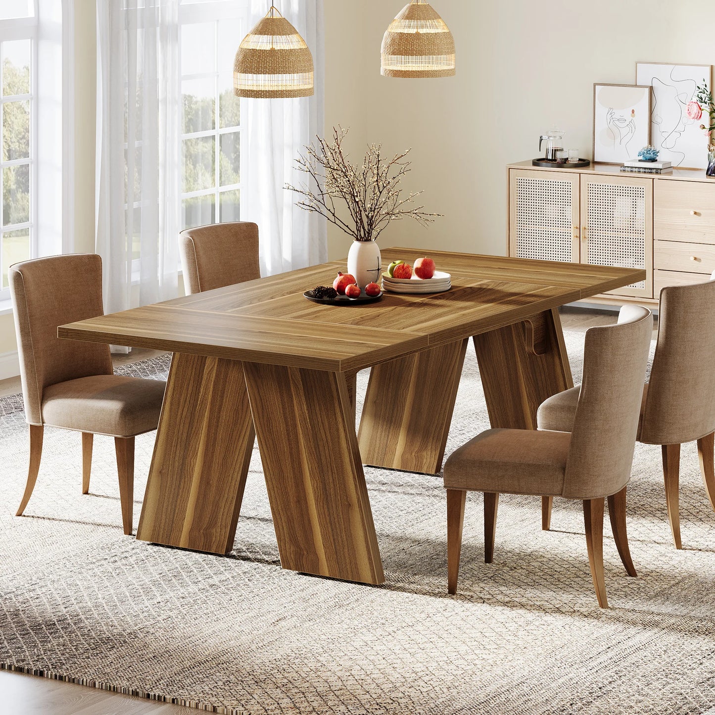 71" Large Dining Table Rectangular Dining Table with Solid Wood Legs