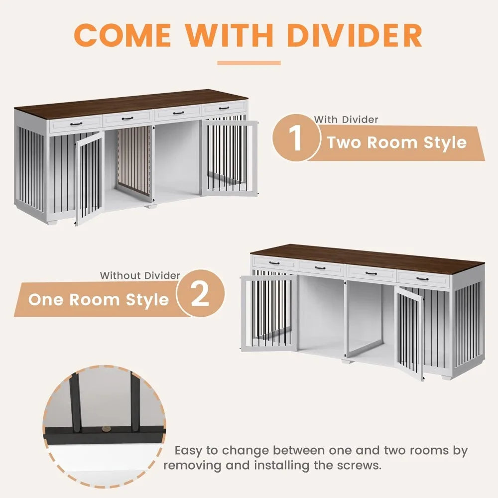 92.9" Super Large Dog Crate Furniture, with 4 Drawers and Divider