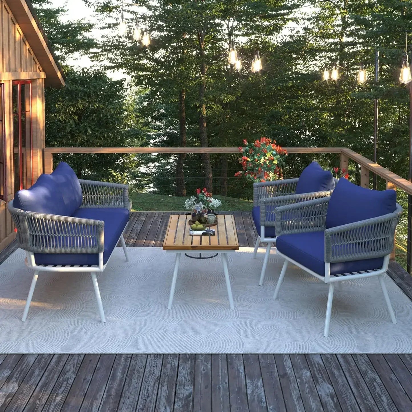4 Pieces Outoor Patio Furniture Set PP Rope Conversation Set w/Loveseat