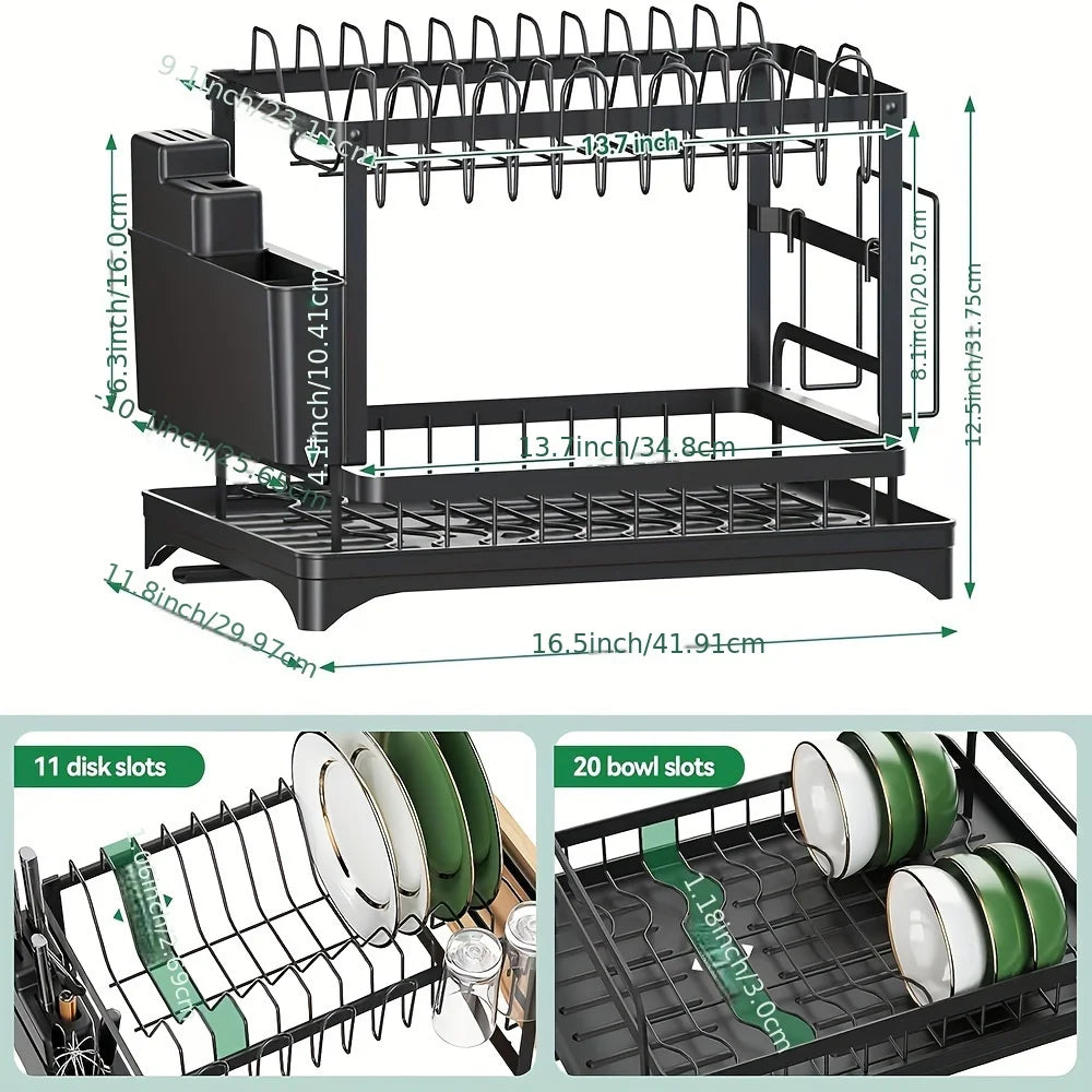 Space-Saving 2-Tier Dish Drying Rack with Utensil Holder