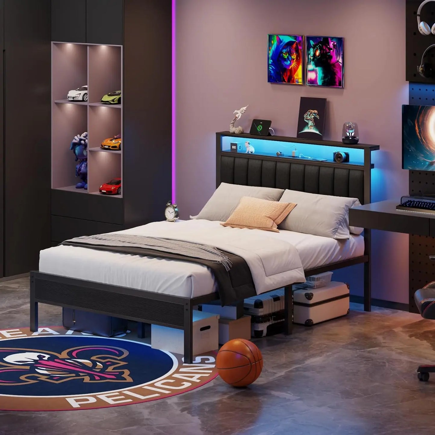 Queen Size Bed Frame with Charging Station with Metal Slats