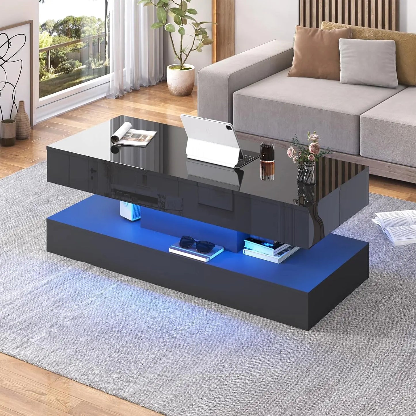 Double-Layer Design for Living Room Coffee Table with 2 Storage Drawers