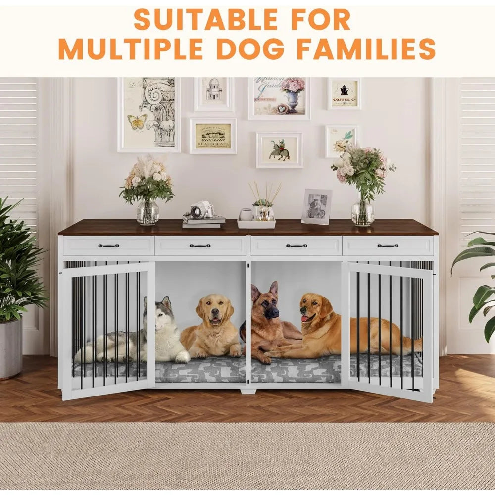 92.9" Super Large Dog Crate Furniture, with 4 Drawers and Divider